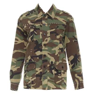 Pre-owned Saint Laurent 2015 Green Khaki Camo Print Cotton Studded Army Jacket Xs