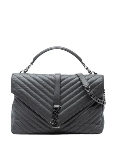 Pre-owned Saint Laurent 2015 Large Chevron Sheepskin Monogram College Bag Satchel In Gray
