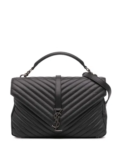 Pre-owned Saint Laurent 2015 Large Sheepskin Chevron Monogram College Satchel In Black