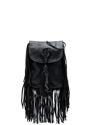 Pre-owned Saint Laurent 2015 Leather Anita Fringed Crossbody Bag In Black
