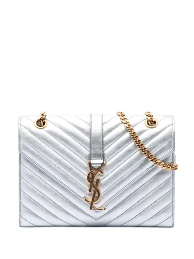 Pre-owned Saint Laurent 2015 Medium Chevron Metallic Calfskin Monogram Envelope Bag Crossbody Bag In Silver