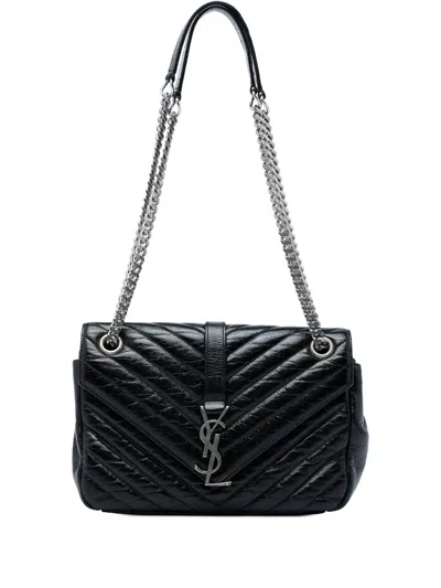 Pre-owned Saint Laurent 2015 Medium Chevron Metallic Crinkled Calfskin Punk Chain Bag Shoulder Bag In Black