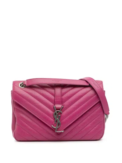 Pre-owned Saint Laurent 2015 Medium Chevron Sheepskin Monogram Chain Bag Shoulder Bag In Pink