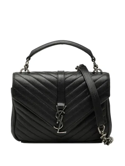Pre-owned Saint Laurent 2015 Medium Chevron Sheepskin Monogram College Satchel In Black