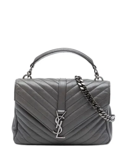 Pre-owned Saint Laurent 2015 Medium Chevron Sheepskin Monogram College Satchel In Grey