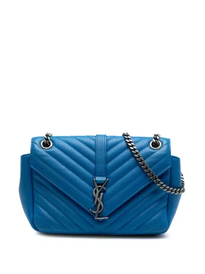 Pre-owned Saint Laurent 2015 Medium Chevron Sheepskin Monogram College Shoulder Bag In Blue