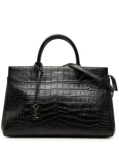 Pre-owned Saint Laurent 2015 Medium Croc Embossed Calfskin Cabas Rive Gauche Satchel In Black