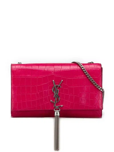 Pre-owned Saint Laurent 2015 Medium Croc Embossed Leather Kate Tassel Crossbody Bag In Pink