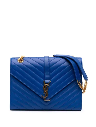 Pre-owned Saint Laurent 2015 Medium Matelasse Lambskin Monogram Envelope Shoulder Bag In Blue