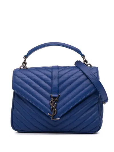 Pre-owned Saint Laurent 2015 Medium Monogram Chevron Sheepskin College Bag Satchel In Blue