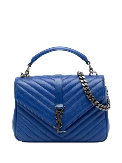 Pre-owned Saint Laurent 2015 Medium Quilted Chevron Sheepskin College Satchel In Blue