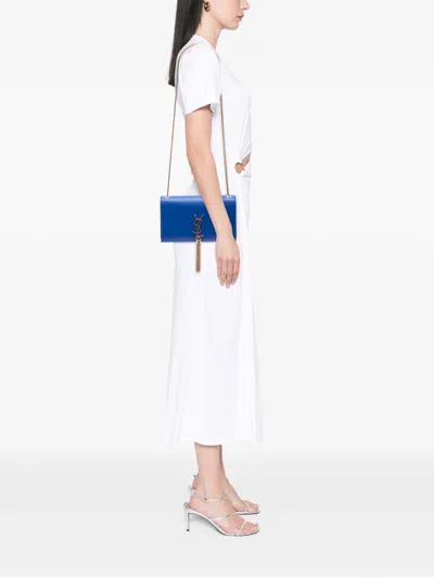 Pre-owned Saint Laurent 2015 Medium Smooth Calfskin Monogram Kate Tassel Crossbody Bag In Blue