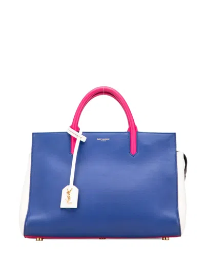 Pre-owned Saint Laurent 2015 Medium Smooth Tricolor Calfskin Cabas Rive Gauche Satchel In Blue