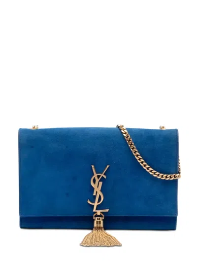 Pre-owned Saint Laurent 2015 Medium Suede Monogram Kate Tassel Crossbody Bag In Blue