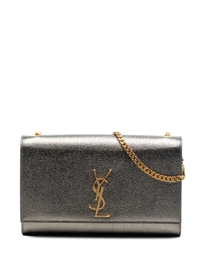 Pre-owned Saint Laurent 2015 Metallic Grained Leather Classic Monogram Kate Wallet On Chain Crossbody Bag In Silver