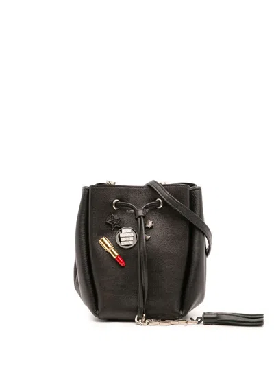Pre-owned Saint Laurent 2015 Mini Leather Monogram Embellished Bourse Bucket Bag In Black