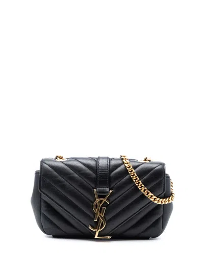 Pre-owned Saint Laurent 2015 Mini Monogram Chevron Leather College Satchel In Black