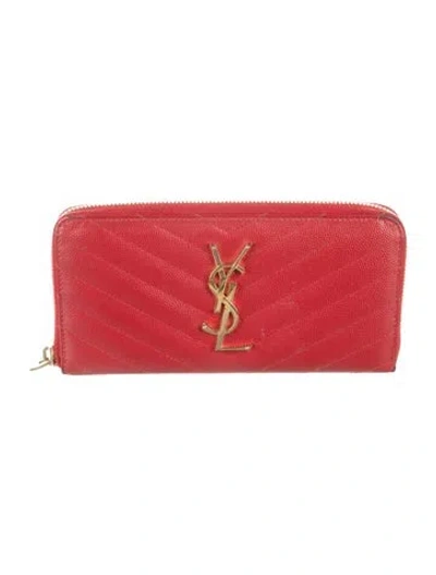 Pre-owned Saint Laurent 2015 Monogram Chevron Matelassé Cassandre Large Zip-around Continental Wallet In Red