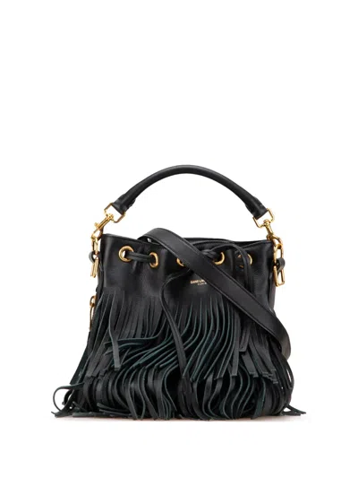 Pre-owned Saint Laurent 2015 Small Calfskin Emmanuelle Fringe Bucket Bag Satchel In Black