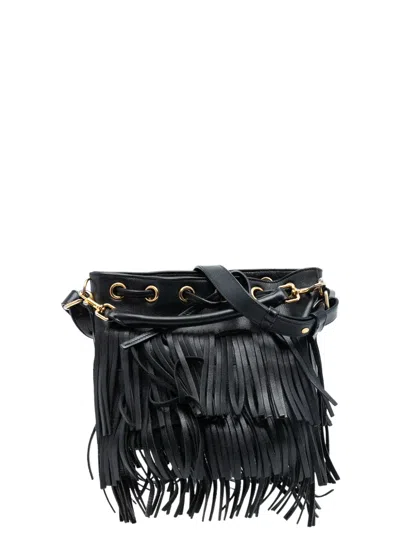 Pre-owned Saint Laurent 2015 Small Calfskin Emmanuelle Fringe Bucket Bag Satchel In Black
