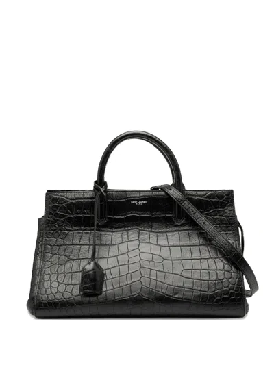 Pre-owned Saint Laurent 2015 Small Croc Embossed Calfskin Cabas Rive Gauche Satchel In Black