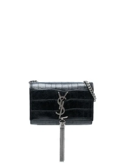 Pre-owned Saint Laurent 2015 Small Croc Embossed Leather Monogram Kate Tassel Crossbody Bag In Black