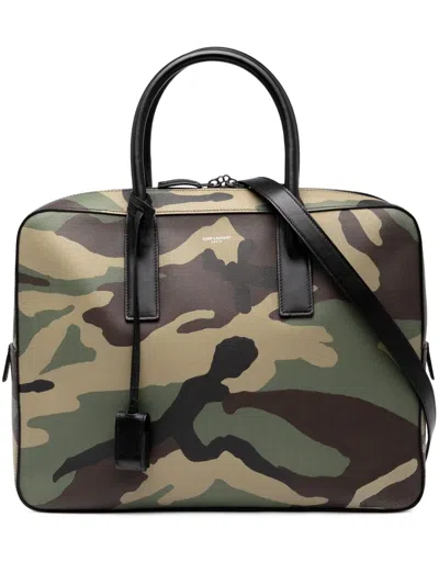 Pre-owned Saint Laurent 2015 Small Grain De Poudre Camouflage Museum Briefcase Business Bag In Brown