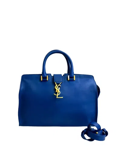 Pre-owned Saint Laurent 2015 Small Leather Monogram Downtown Cabas Satchel In Blue