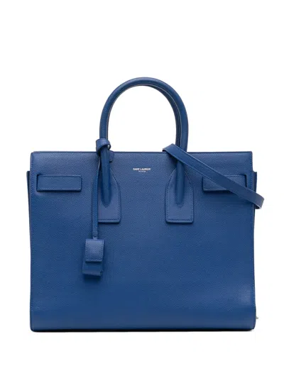 Pre-owned Saint Laurent 2015 Small Leather Sac De Jour Satchel In Blue