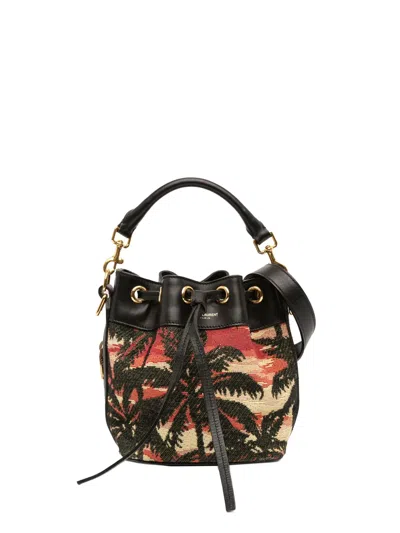 Pre-owned Saint Laurent 2015 Small Palm Tree Print Canvas Emmanuelle Bucket Bag In Black