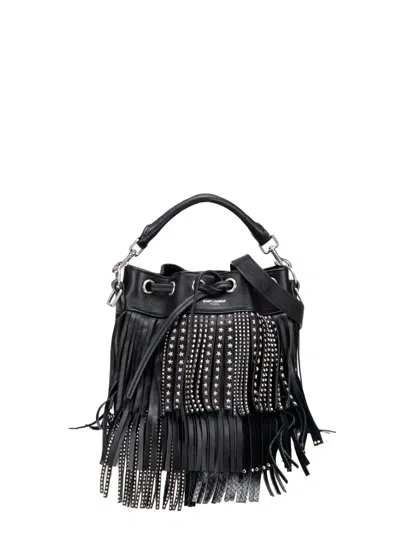 Pre-owned Saint Laurent 2015 Small Studded Calfskin Emmanuelle Fringe Bucket Bag In Black