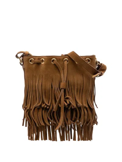 Pre-owned Saint Laurent 2015 Small Suede Emmanuelle Fringe Bucket Bag In Brown