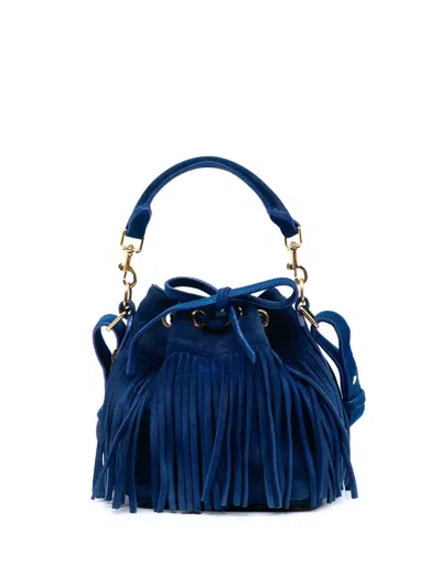 Pre-owned Saint Laurent 2015 Small Suede Emmanuelle Fringe Bucket Bag Satchel In Blue