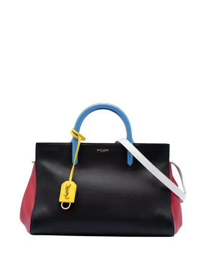 Pre-owned Saint Laurent 2015 Small Tricolor Smooth Calfskin Cabas Rive Gauche Satchel In Black