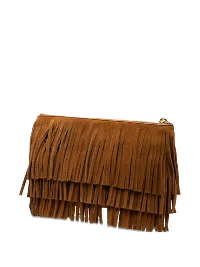 Pre-owned Saint Laurent 2015 Suede Joulie Fringe Clutch Bag In Brown