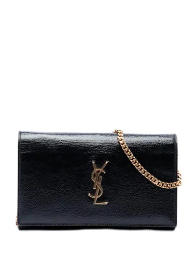 Pre-owned Saint Laurent 2015 Textured Patent Monogram Kate Wallet On Chain Crossbody Bag In Black