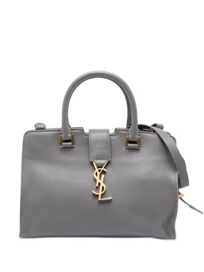 Pre-owned Saint Laurent 2016 Baby Leather Monogram Downtown Cabas Satchel In Gray
