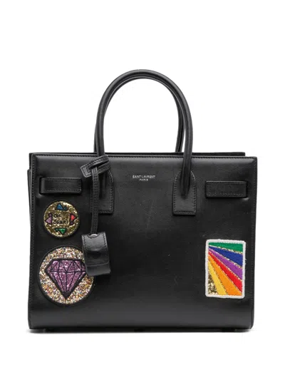 Pre-owned Saint Laurent 2016 Baby Leather Patch Embellished Sac De Jour Satchel In Black