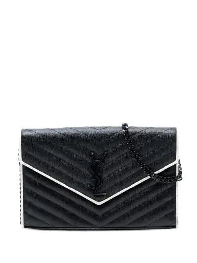 Pre-owned Saint Laurent 2016 Bicolor Grain De Poudre Chevron Monogram Monochrome Envelope Chain Wallet Crossbody Bag In Black