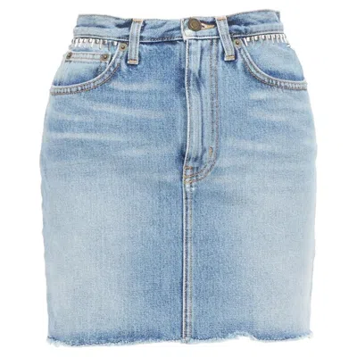 Pre-owned Saint Laurent 2016 Blue Washed Denim Studded Waistband Mini Skirt 25"