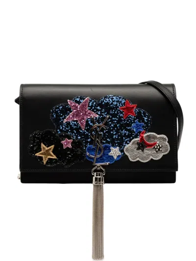 Pre-owned Saint Laurent 2016 Calfskin Cloud Star Applique Classic Monogram Kate Tassel Wallet On Chain Crossbody Bag In Black