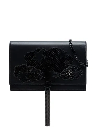 Pre-owned Saint Laurent 2016 Calfskin Cloud Star Applique Classic Monogram Kate Tassel Wallet On Chain Crossbody Bag In Black