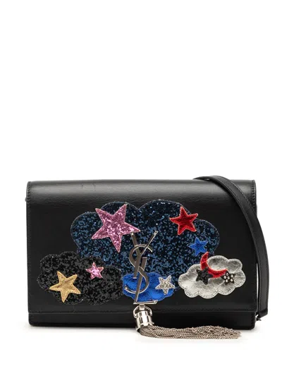 Pre-owned Saint Laurent 2016 Calfskin Cloud Star Applique Classic Monogram Kate Tassel Wallet On Chain Crossbody Bag In Black