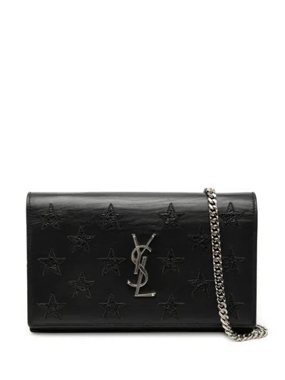 Pre-owned Saint Laurent 2016 Calfskin Star Applique Classic Monogram Kate Wallet On Chain Crossbody Bag In Black