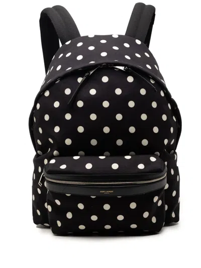 Pre-owned Saint Laurent 2016 Canvas Polka Dot City Backpack In Black