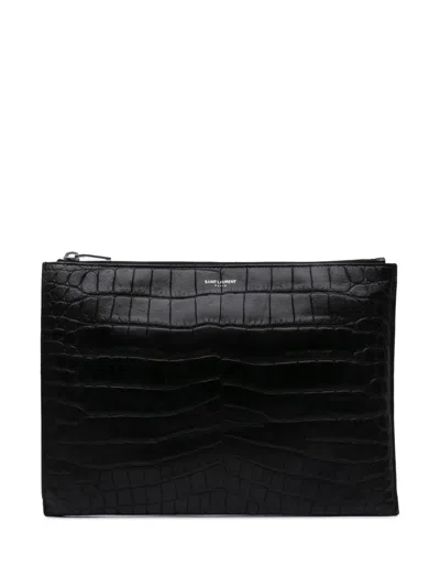 Pre-owned Saint Laurent 2016 Croc Embossed Leather Clutch Bag In Black