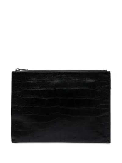 Pre-owned Saint Laurent 2016 Croc Embossed Leather Clutch Bag In Black