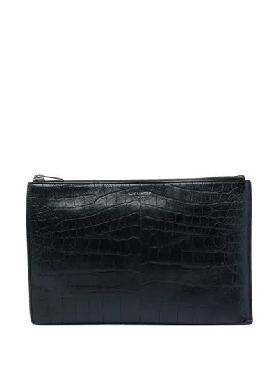 Pre-owned Saint Laurent 2016 Croc Embossed Leather Clutch Bag In Black