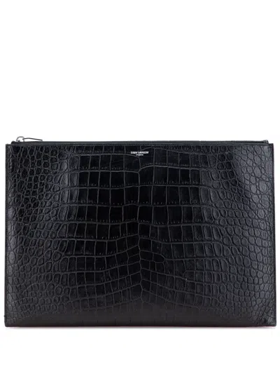 Pre-owned Saint Laurent 2016 Croc Embossed Leather Document Holder Clutch Bag In Black