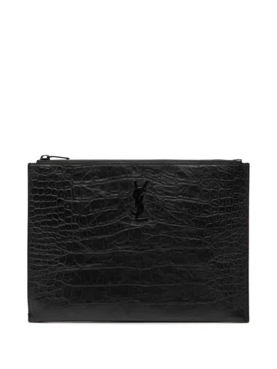 Pre-owned Saint Laurent 2016 Croc Embossed Leather Monogram Ipad Case Clutch Bag In Black